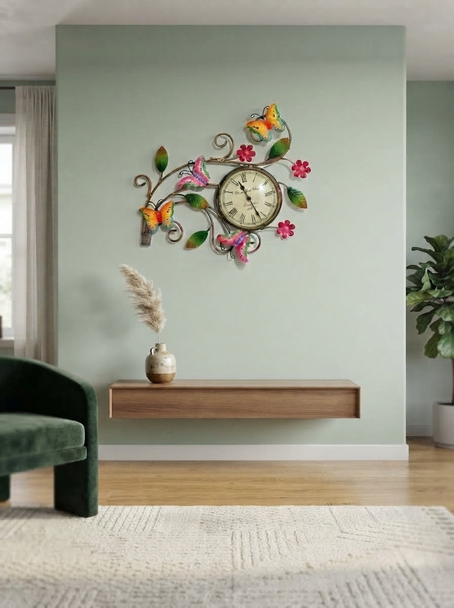Multi-Colour Butterflies Wall Clock – Decorative Metal Butterfly Wall Clock for Living Room & Home Decor