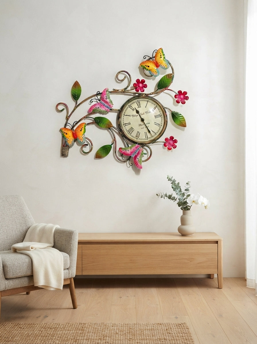 Multi-Colour Butterflies Wall Clock – Decorative Metal Butterfly Wall Clock for Living Room & Home Decor