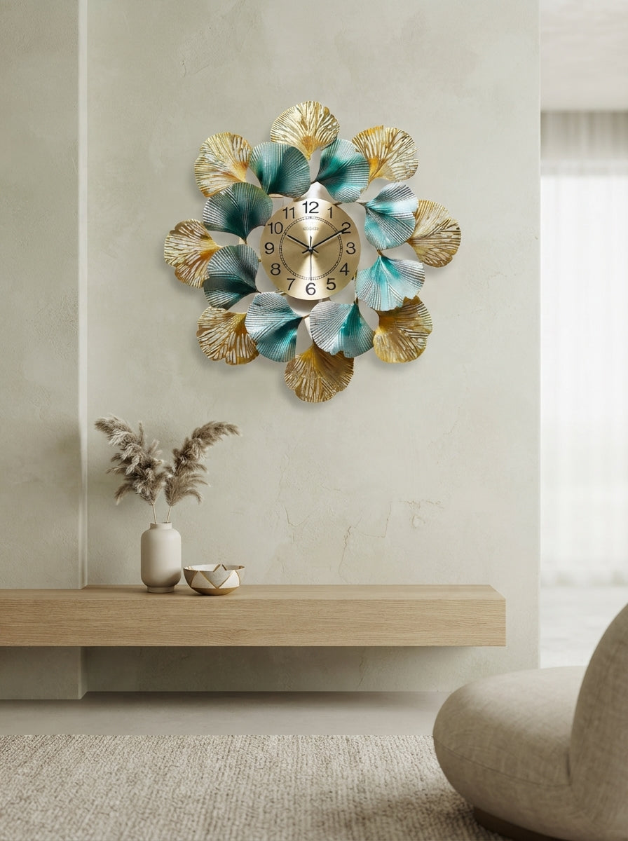 Ginkgo Leaf Wall Clock 31" x 31" – Decorative Metal Nature Wall Clock for Living Room & Home Decor