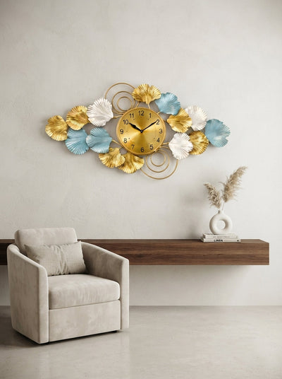 Horizontal Ginkgo Leaf Accent Wall Clock 40" x 26" – Decorative Metal Nature Wall Clock for Living Room & Home Decor