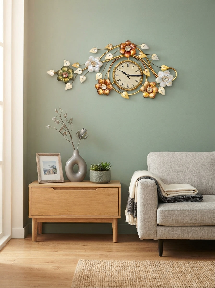 Multi Colour Floral Wall Clock – Decorative Metal Flower Clock for Living Room & Home Decor