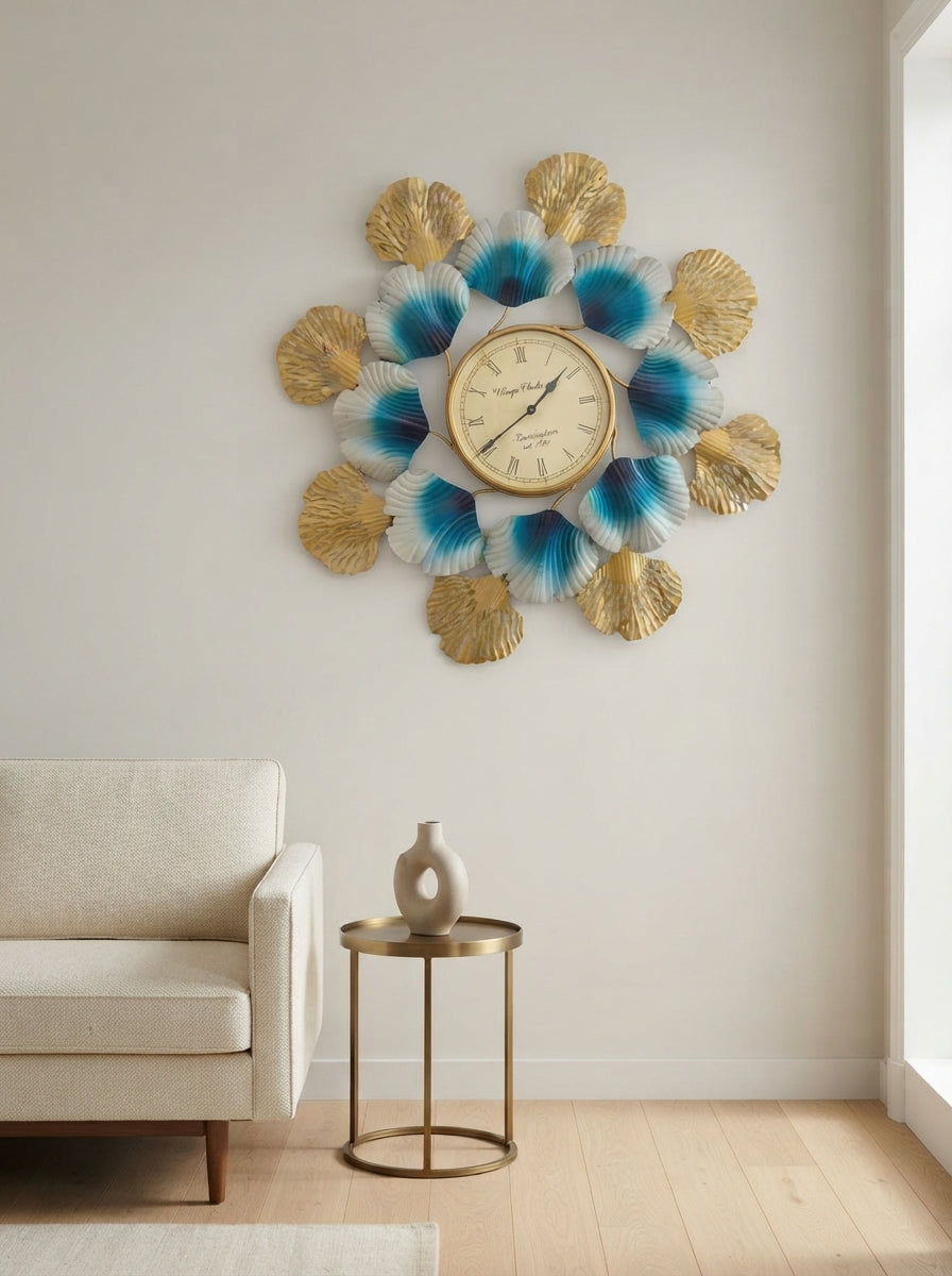 Decorative Wall Clock | Blue Gold Flower Petal Metal Clock