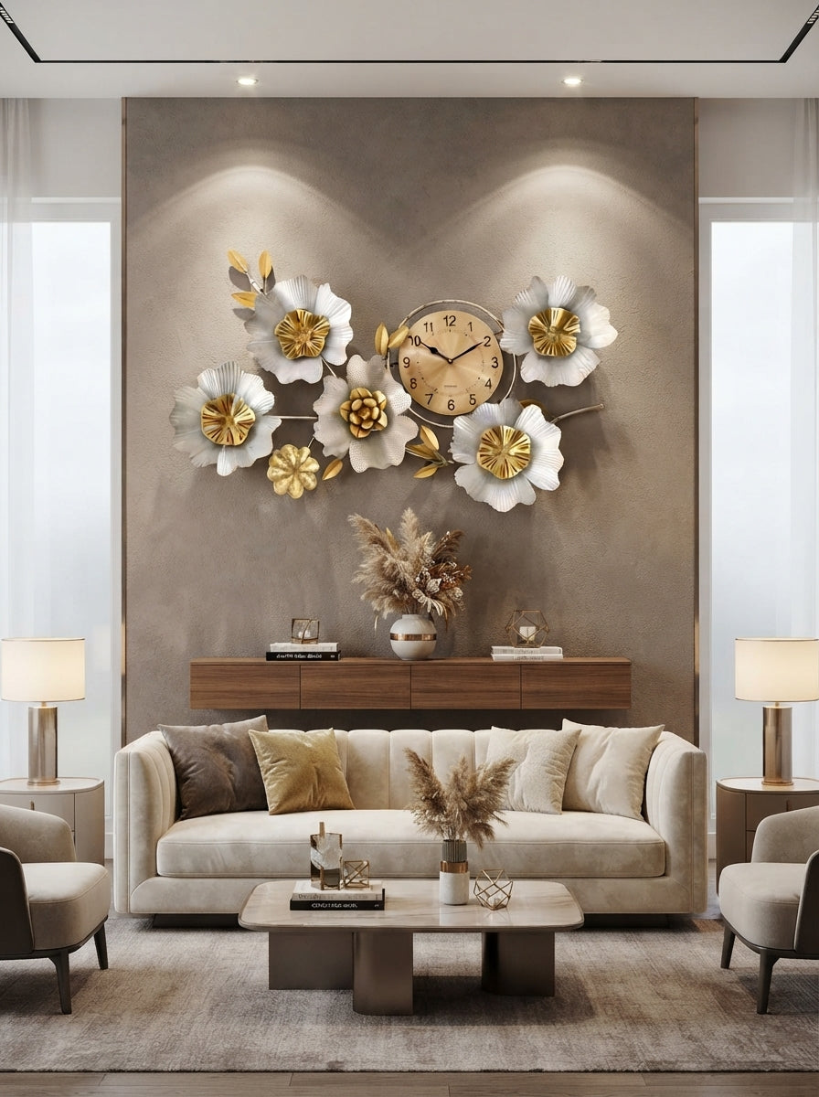 Metal Flower Wall Clock | Silver & Gold Floral Wall Art Decor