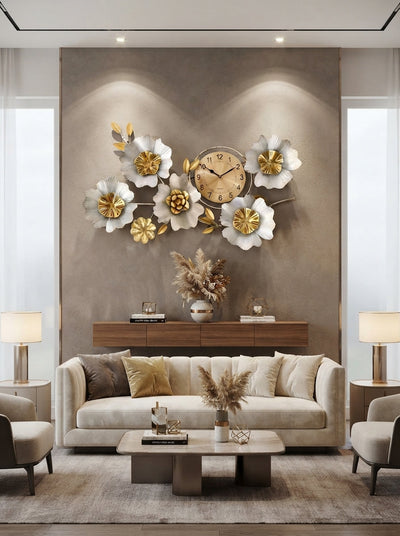 Metal Flower Wall Clock | Silver & Gold Floral Wall Art Decor