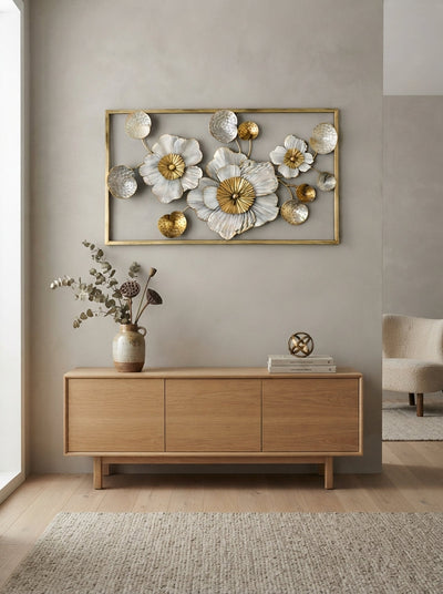 Framed Floral Wall Art 36" x 21" – Elegant Metal Flower Wall Decor for Living Room & Bedroom