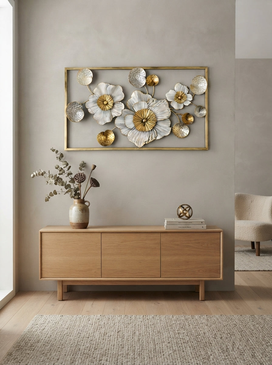 Framed Floral Wall Art 36" x 21" – Elegant Metal Flower Wall Decor for Living Room & Bedroom