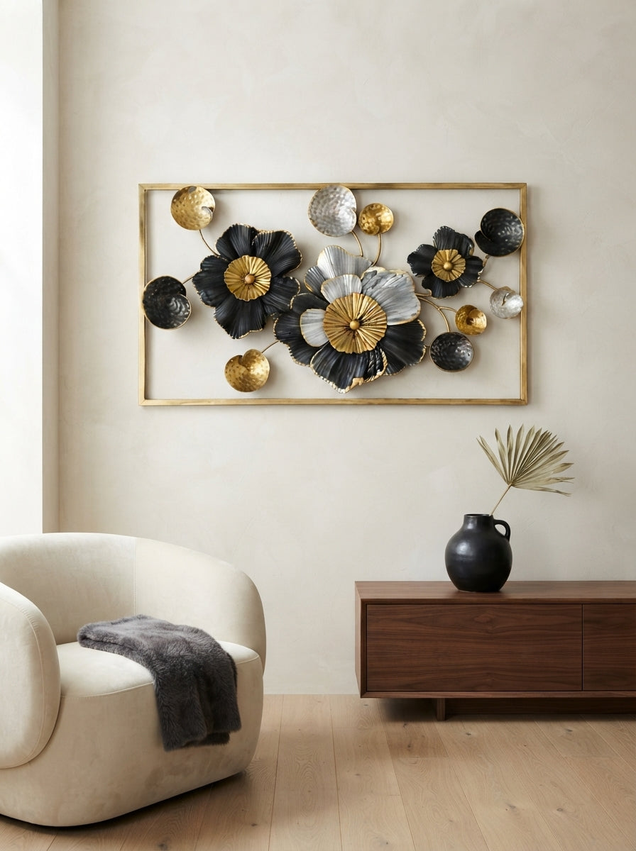 Framed Floral Wall Art 36" x 21" – Elegant Metal Flower Wall Decor for Living Room & Bedroom