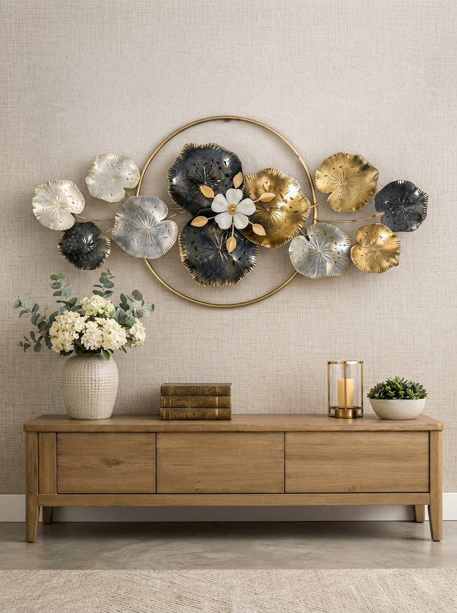 Lotus Leaf Wall Art 52" x 24" – Elegant Metal Nature Wall Decor for Living Room & Home Interiors