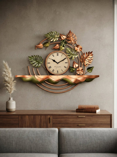 Decorative Leaf Wall Clock 28" x 25" – Elegant Metal Leaf Wall Clock for Living Room & Home Decor