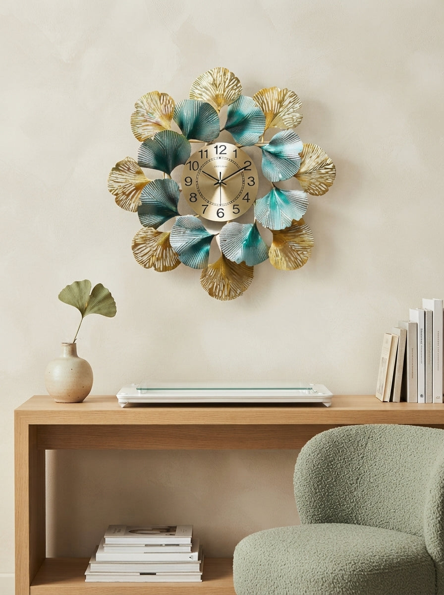 Ginkgo Leaf Wall Clock 31" x 31" – Decorative Metal Nature Wall Clock for Living Room & Home Decor