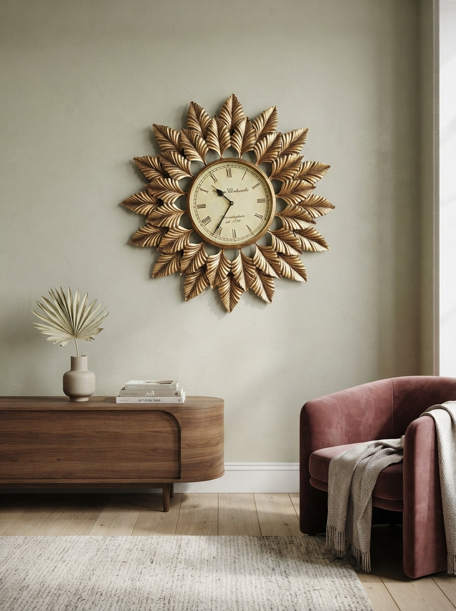 Bronze Sunburst Wall Clock 24 Inch – Modern Metal Decorative Wall Clock for Living Room & Home Decor