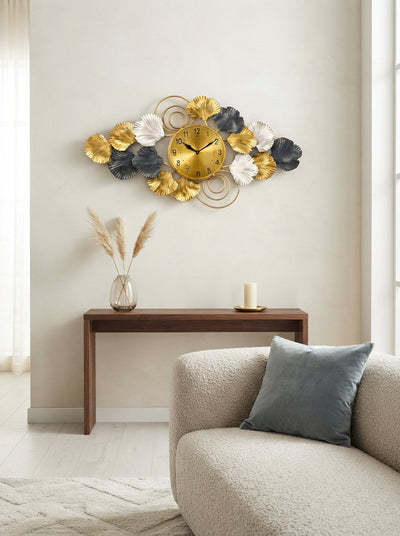 Horizontal Ginkgo Leaf Accent Wall Clock 40" x 26" – Decorative Metal Nature Wall Clock for Living Room & Home Decor