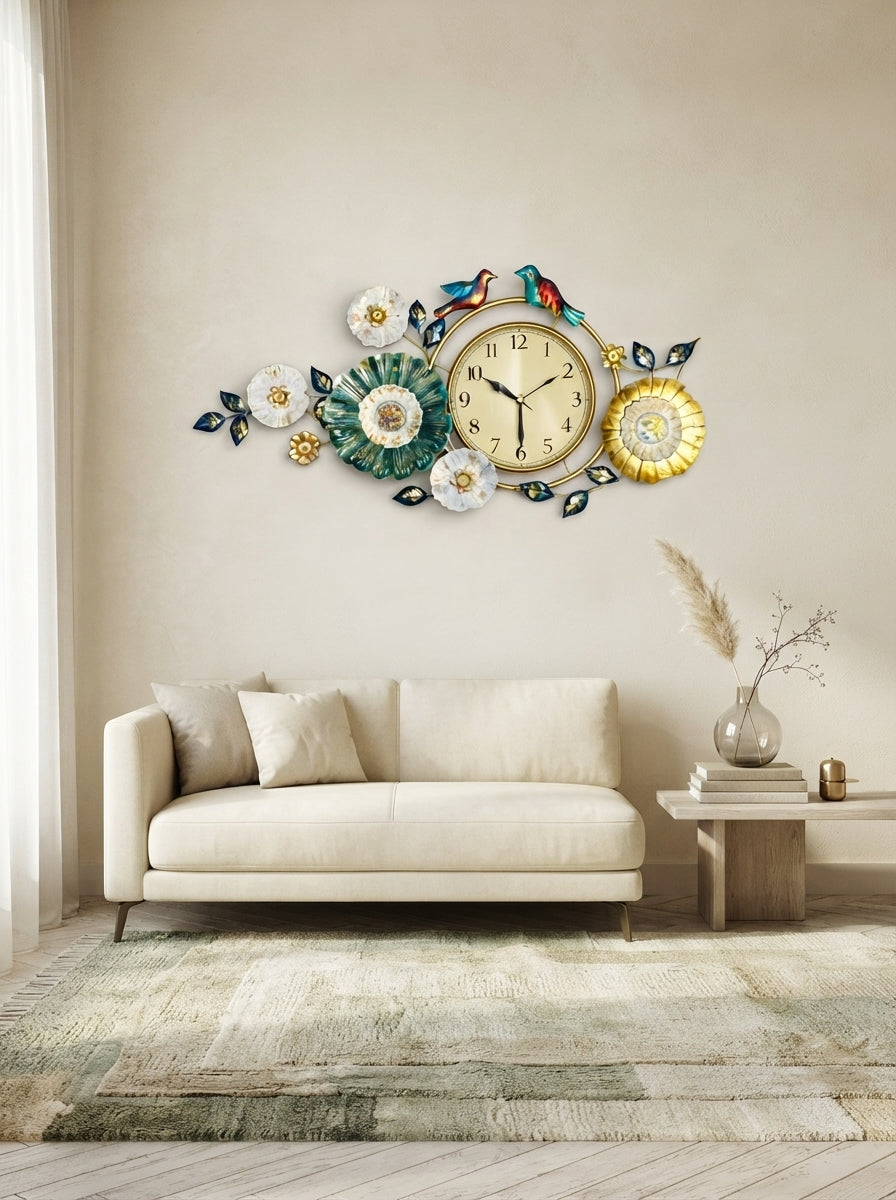 Birds and Flowers Wall Clock – Decorative Metal Wall Clock for Living Room & Home Decor