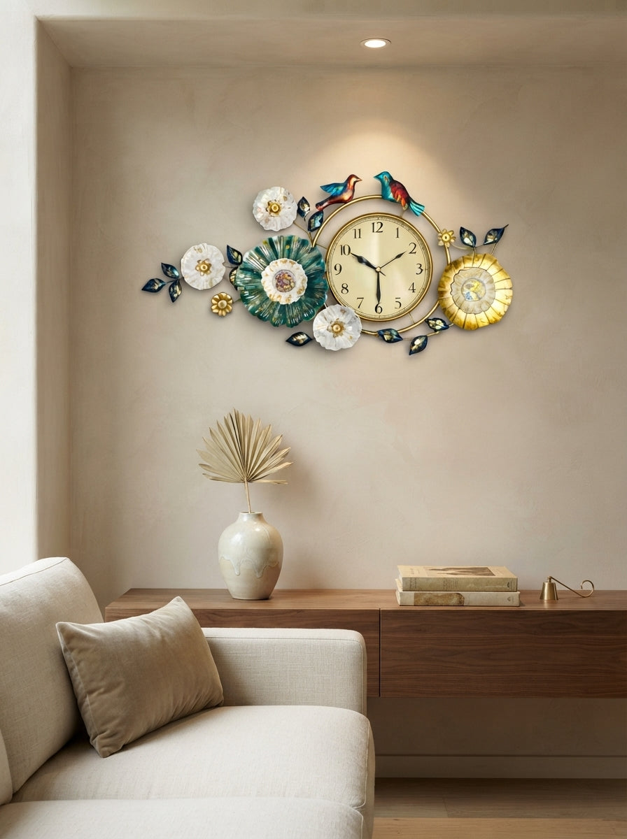 Birds and Flowers Wall Clock – Decorative Metal Wall Clock for Living Room & Home Decor