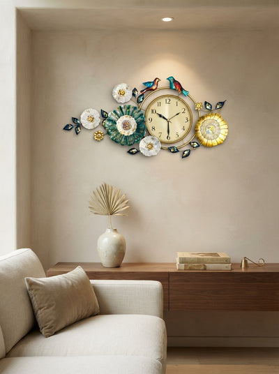 Birds and Flowers Wall Clock – Decorative Metal Wall Clock for Living Room & Home Decor