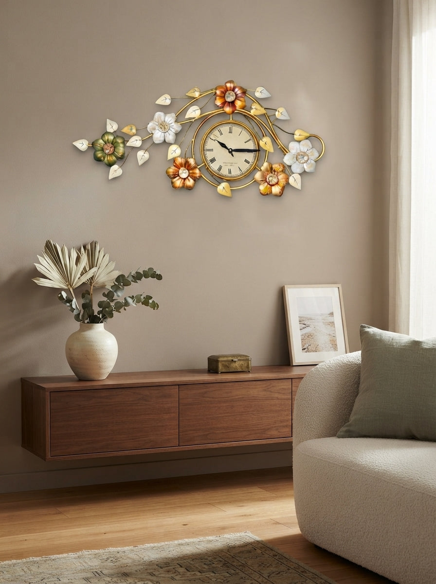 Multi Colour Floral Wall Clock – Decorative Metal Flower Clock for Living Room & Home Decor
