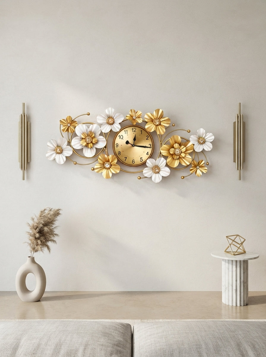 Floral Metal Wall Clock 42" x 19" – Decorative Flower Wall Clock for Living Room & Home Decor