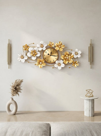 Floral Metal Wall Clock 42" x 19" – Decorative Flower Wall Clock for Living Room & Home Decor