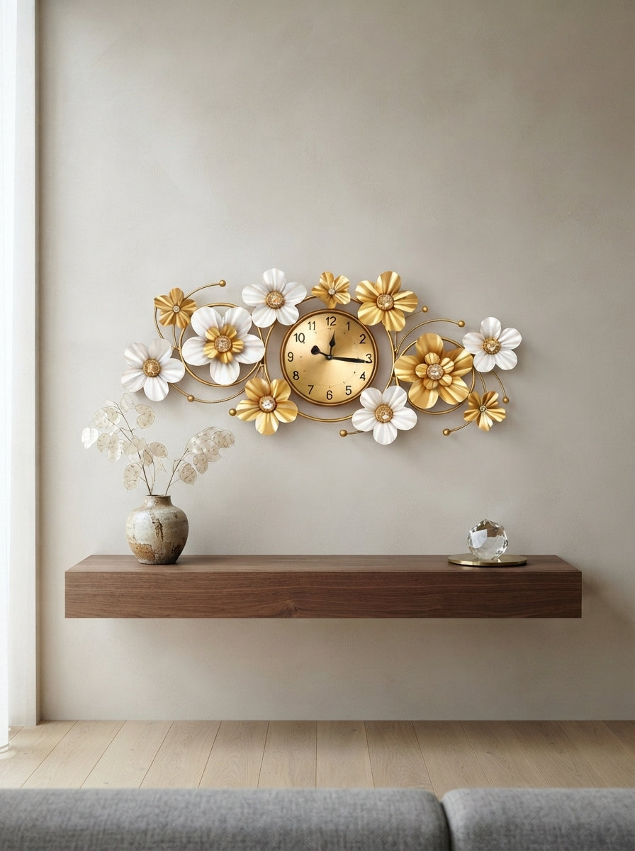 Floral Metal Wall Clock 42" x 19" – Decorative Flower Wall Clock for Living Room & Home Decor