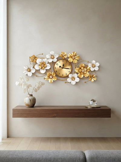 Floral Metal Wall Clock 42" x 19" – Decorative Flower Wall Clock for Living Room & Home Decor