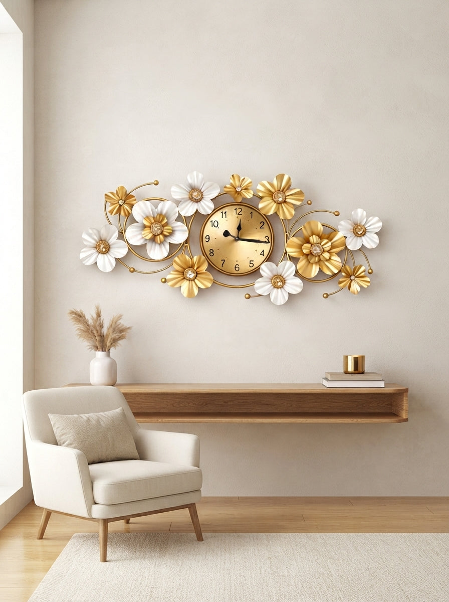 Floral Metal Wall Clock 42" x 19" – Decorative Flower Wall Clock for Living Room & Home Decor