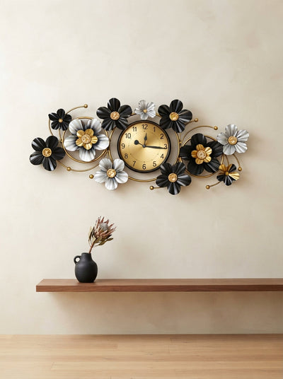 Floral Metal Wall Clock 42" x 19" – Decorative Flower Wall Clock for Living Room & Home Decor