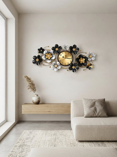 Floral Metal Wall Clock 42" x 19" – Decorative Flower Wall Clock for Living Room & Home Decor