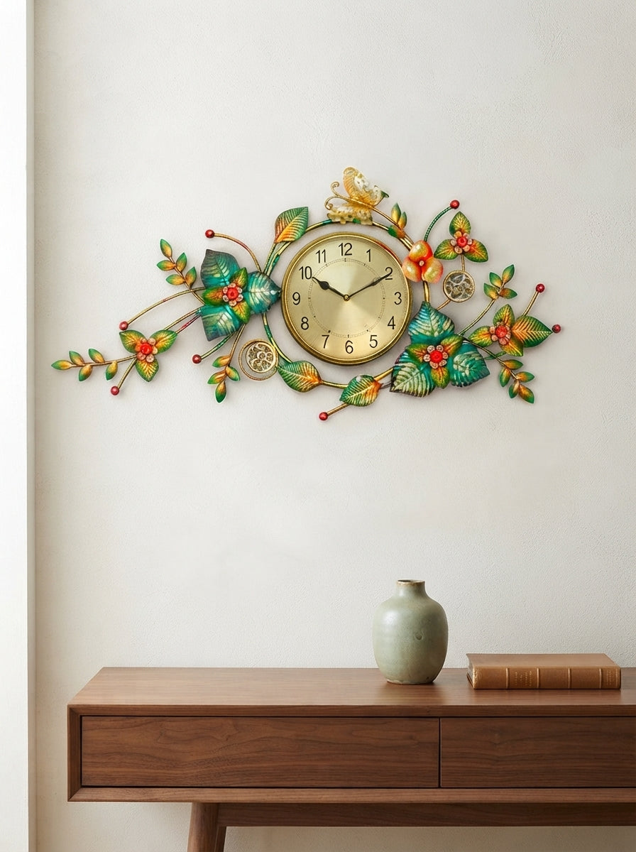 Leaf Surrounded Metal Wall Clock 42" x 22" – Decorative Nature-Inspired Clock for Living Room & Home Decor