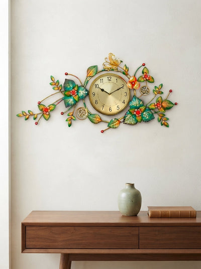 Leaf Surrounded Metal Wall Clock 42" x 22" – Decorative Nature-Inspired Clock for Living Room & Home Decor