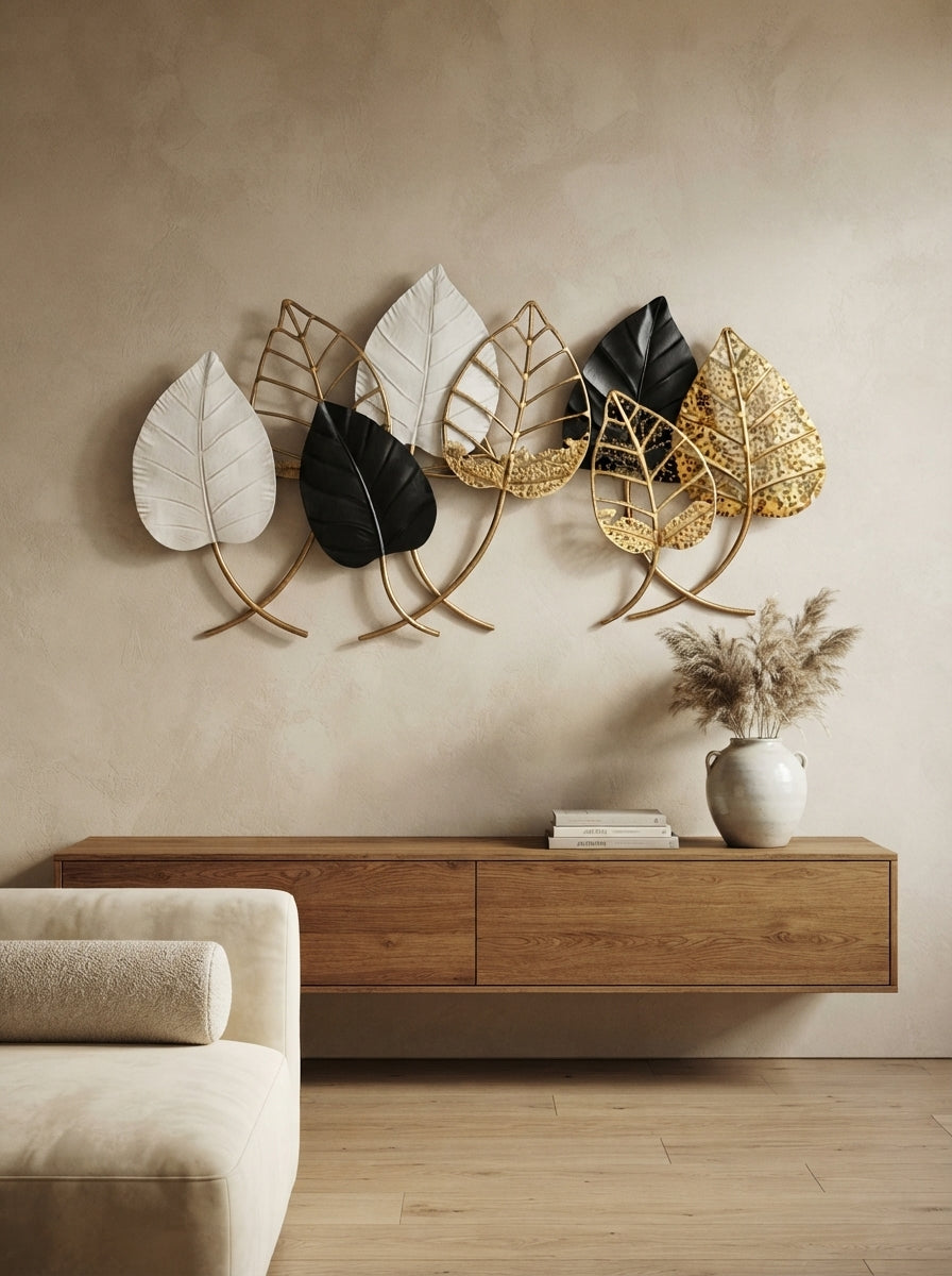 Metal Leaf Wall Art 44"x24" | Black, White & Gold Botanical Decor