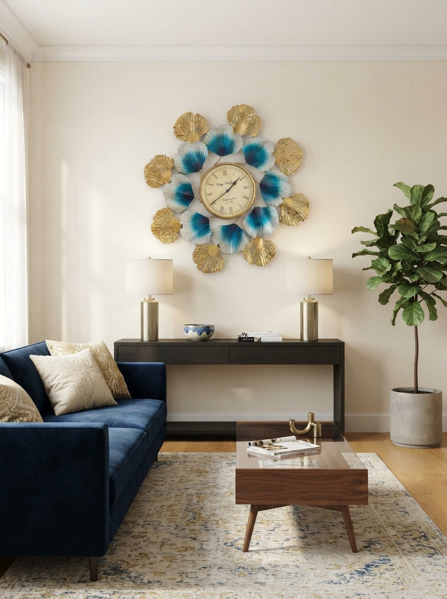 Decorative Wall Clock | Blue Gold Flower Petal Metal Clock