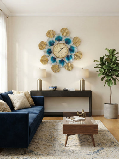 Decorative Wall Clock | Blue Gold Flower Petal Metal Clock