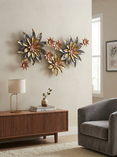 Metal Flower Wall Art Set | Gold, Grey & Copper Floral Decor