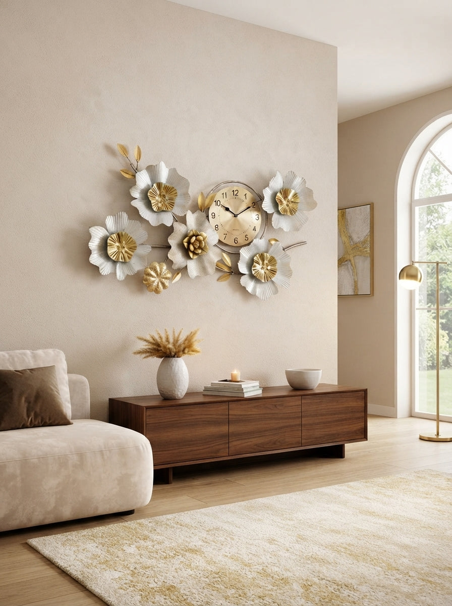 Metal Flower Wall Clock | Silver & Gold Floral Wall Art Decor