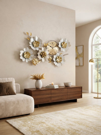 Metal Flower Wall Clock | Silver & Gold Floral Wall Art Decor