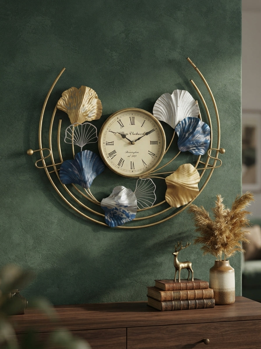 Ginkgo Leaf Wall Clock | Gold Blue Silver Metal Art Clock