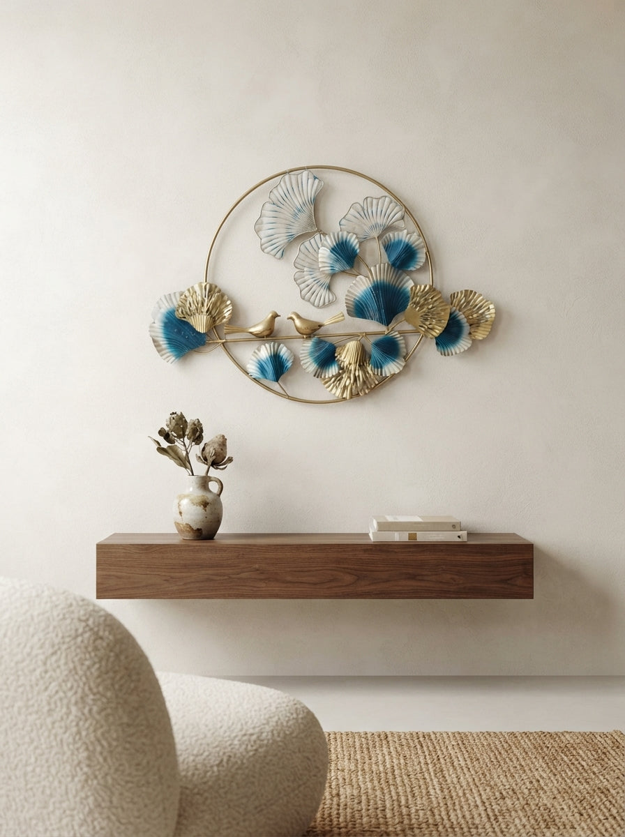 Gold Blue Ginkgo Leaf LED Wall Art | Bird Decor