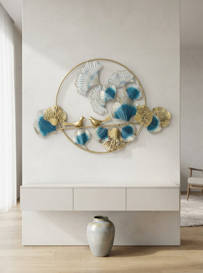 Gold Blue Ginkgo Leaf LED Wall Art | Bird Decor