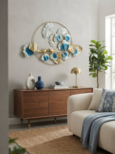 Gold Blue Ginkgo Leaf LED Wall Art | Bird Decor