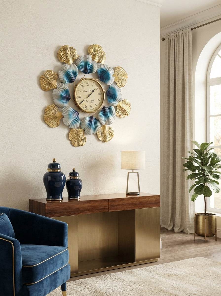 Decorative Wall Clock | Blue Gold Flower Petal Metal Clock