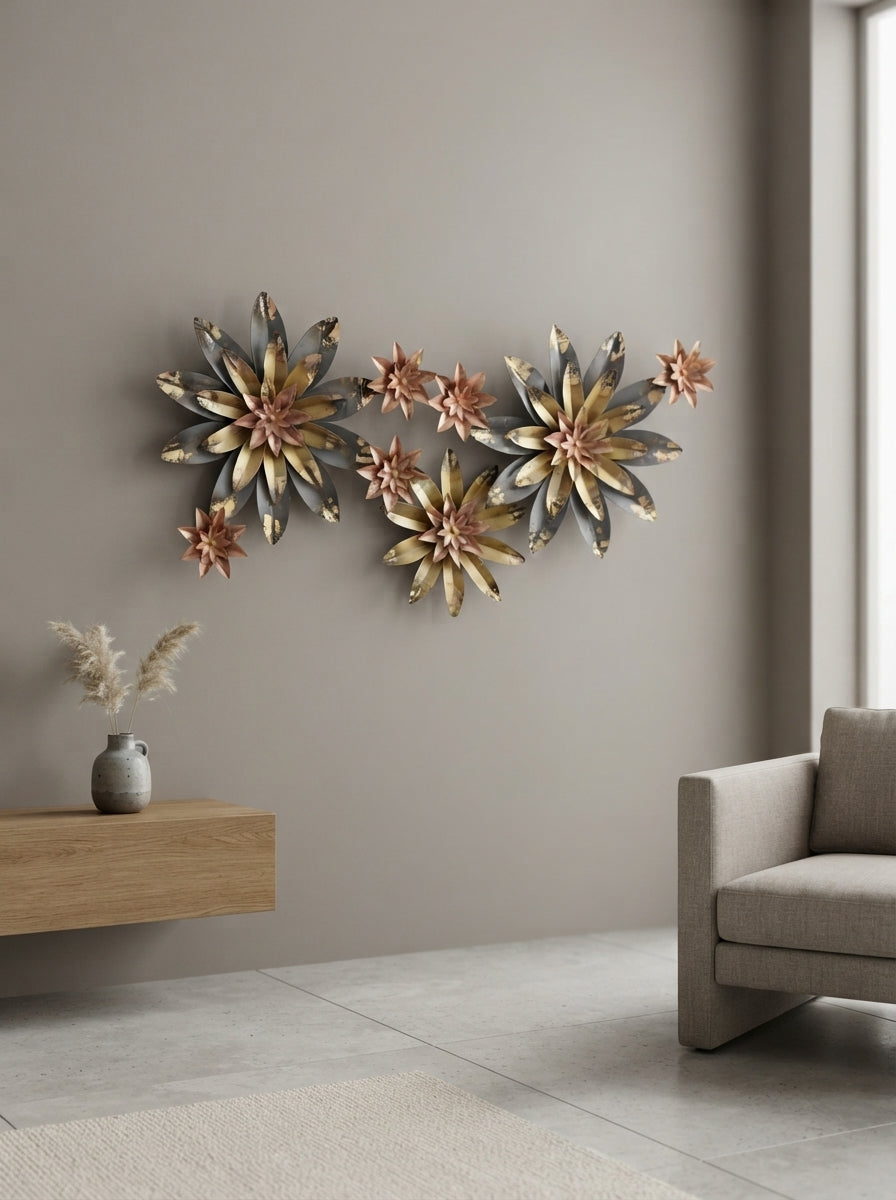 Metal Flower Wall Art Set | Gold, Grey & Copper Floral Decor