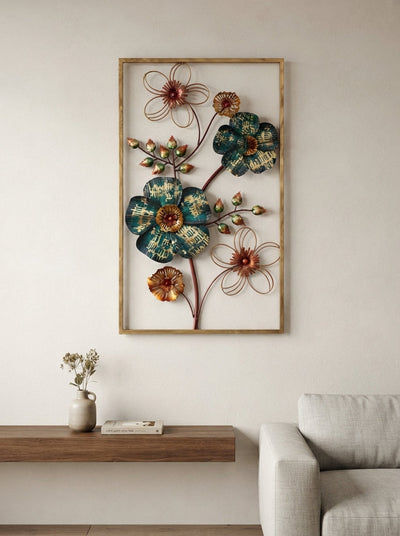 Framed Metal Flower Wall Art | Teal & Gold Floral Decor