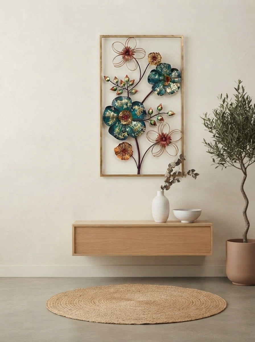 Framed Metal Flower Wall Art | Teal & Gold Floral Decor