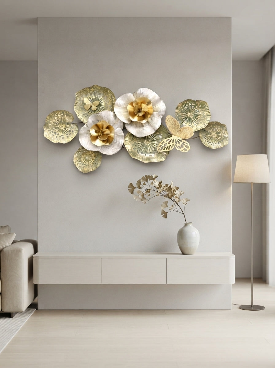 White Gold Flower Wall Art 36" x 19" – Elegant Metal Floral Wall Decor for Living Room & Bedroom