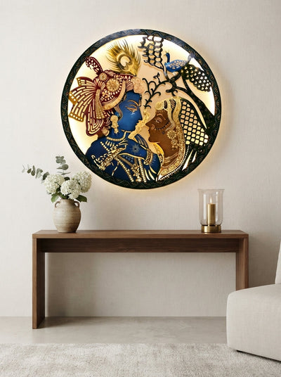 Round Laser Cut Radhe Krishna Wall Art – Decorative Metal Spiritual Wall Decor for Home Temple & Living Room