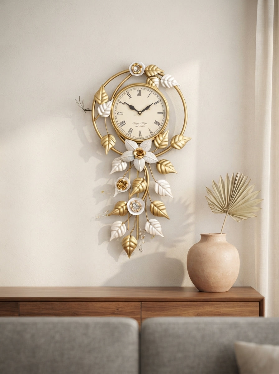 Hanging Leaves Wall Clock 14" x 30" – Decorative Metal Leaf Wall Clock for Living Room & Home Decor