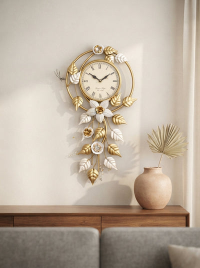 Hanging Leaves Wall Clock 14" x 30" – Decorative Metal Leaf Wall Clock for Living Room & Home Decor