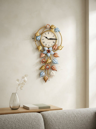 Hanging Leaves Wall Clock 14" x 30" – Decorative Metal Leaf Wall Clock for Living Room & Home Decor