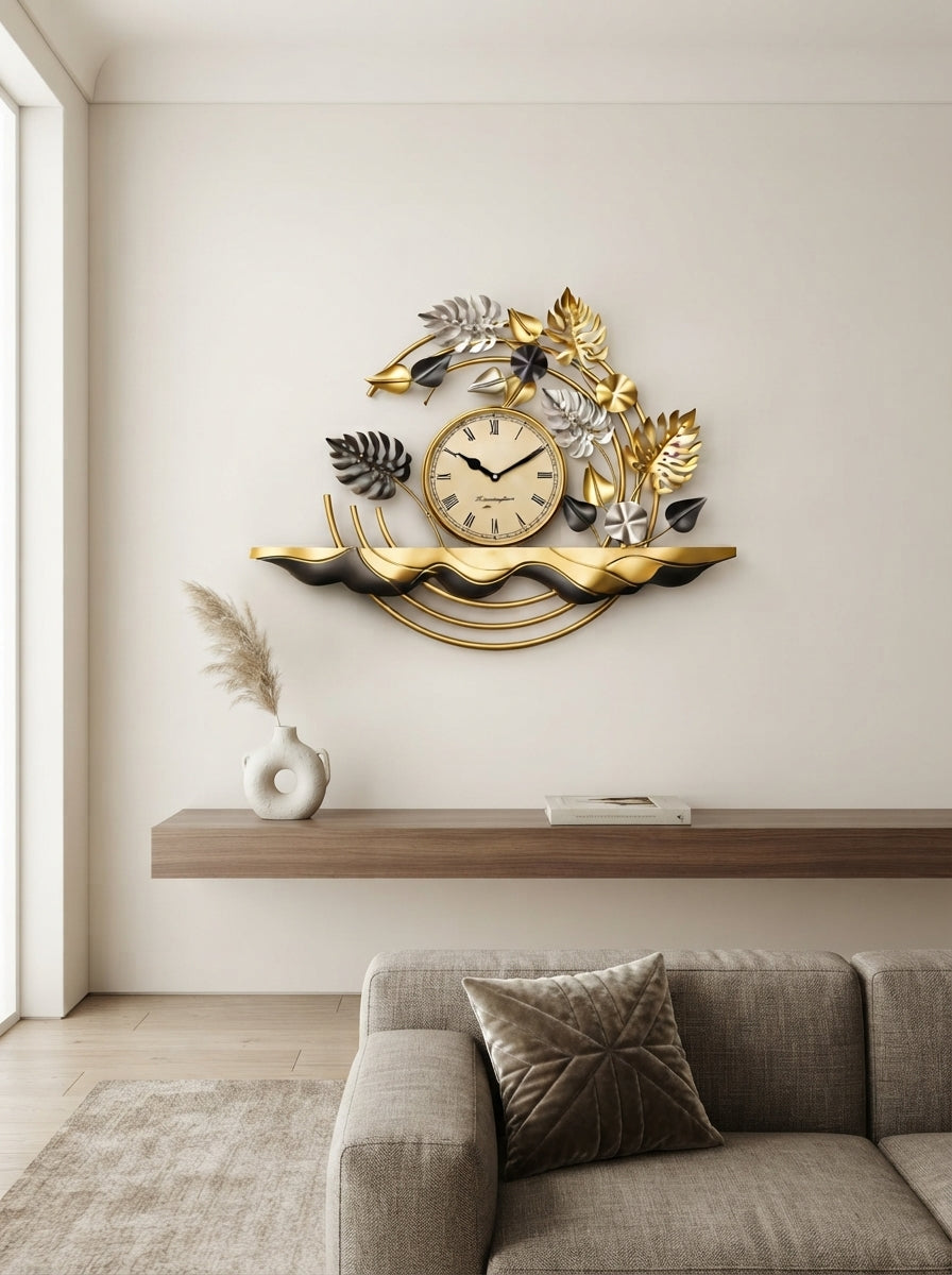 Decorative Leaf Wall Clock 28" x 25" – Elegant Metal Leaf Wall Clock for Living Room & Home Decor