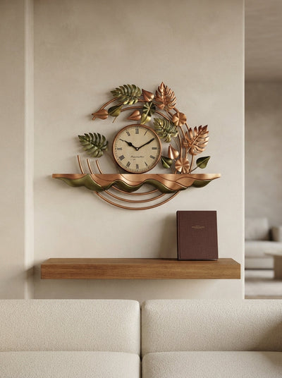 Decorative Leaf Wall Clock 28" x 25" – Elegant Metal Leaf Wall Clock for Living Room & Home Decor